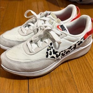 Nike Women's White and Red Sneakers with Leopard Accent